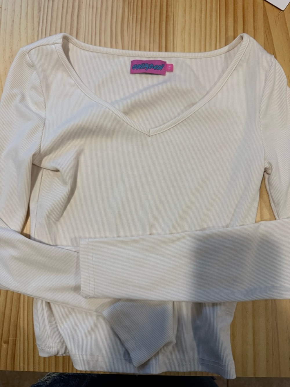 Edikted Cream Ribbed Top with Pink Brand Tag